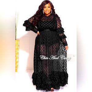 Plus Size Polka Dot Sheer Maxi Dress with Ruffle Sleeves and Bottom in Black